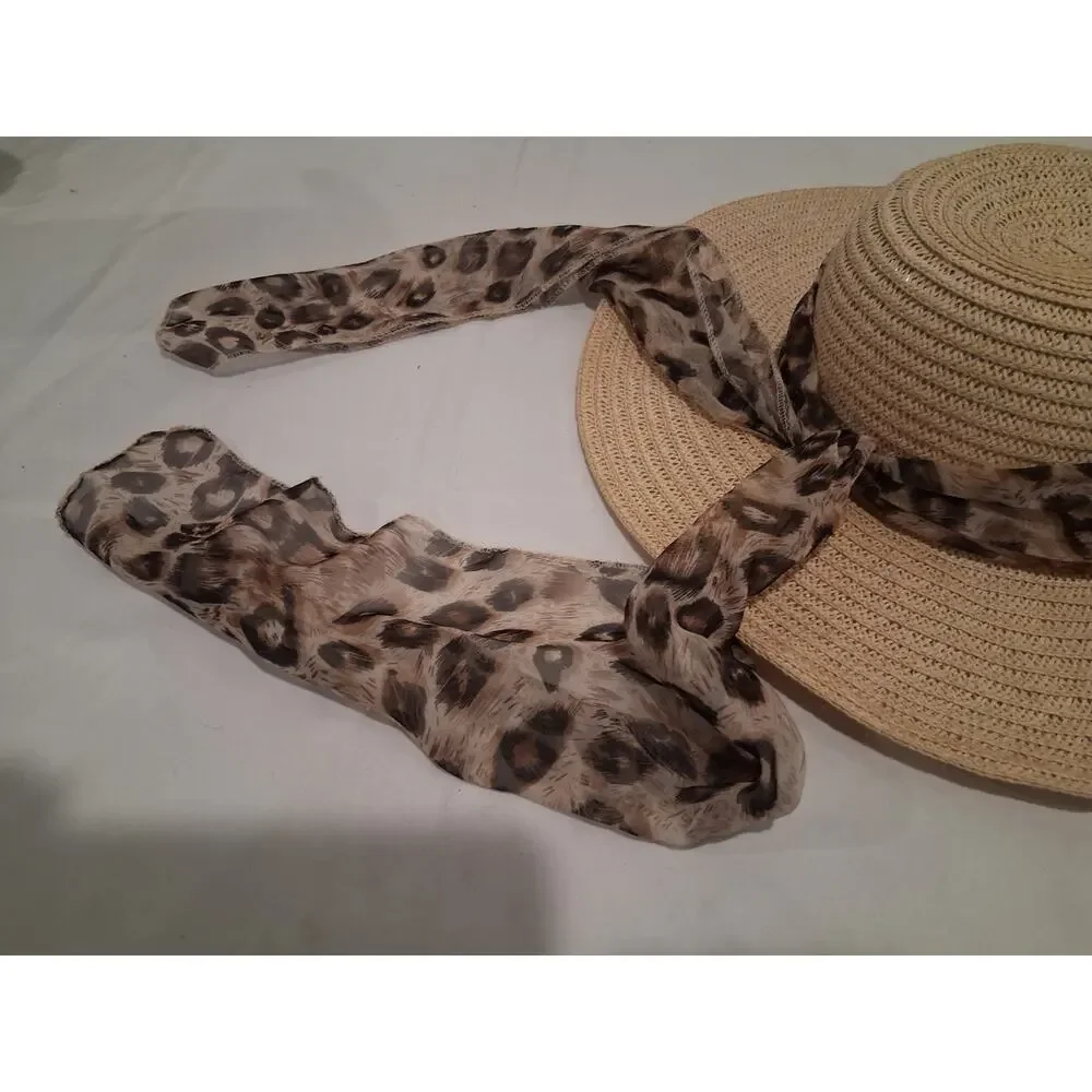 Women's Tan Straw Sun Hat Leopard Scarf Tie Wide Brim Style CS-7-8 Size 57cm
